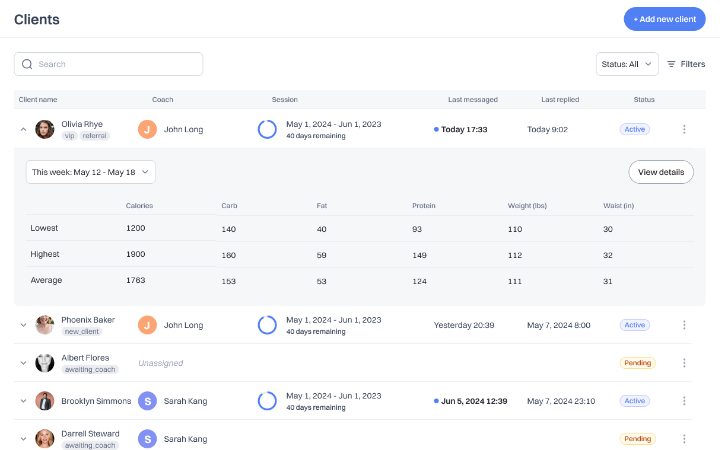 Client management dashboard - client profiles and progress tracking